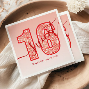 Roter Glitter-Schriftzug Sweet 16 Geburtstag Serviette