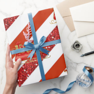 Roter Glitter Weiße Gestreifte Weihnachtsschlitten Geschenkpapier