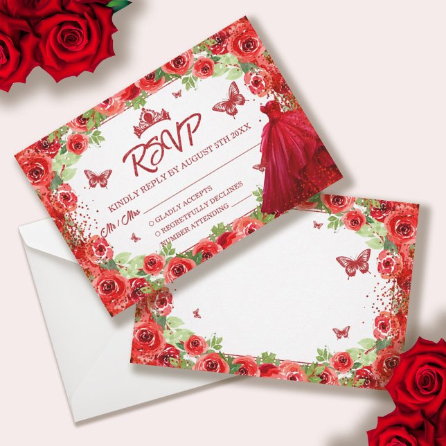 Roter Glitzer Floral Quinceanera RSVP Karte (Red Glitter Floral Quinceanera RSVP Card)