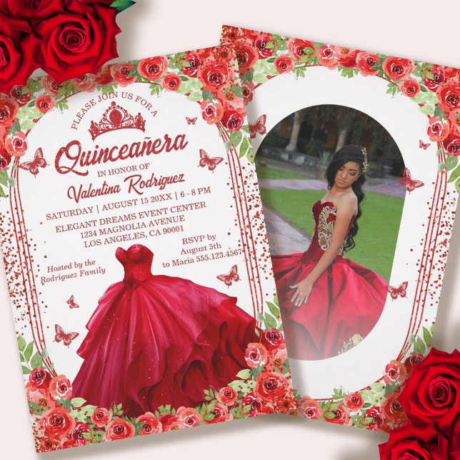 Roter Glitzer Floral Sparkle Quinceanera Einladung (Red Glitter Floral Sparkle Quinceanera Invitation)