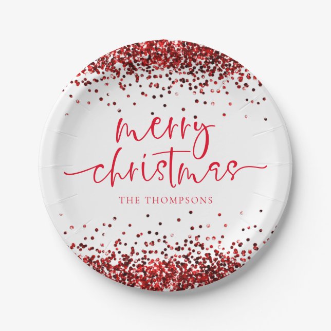 Roter Glitzer Frohe Weihnachts-Party White Pappteller (Vorderseite)