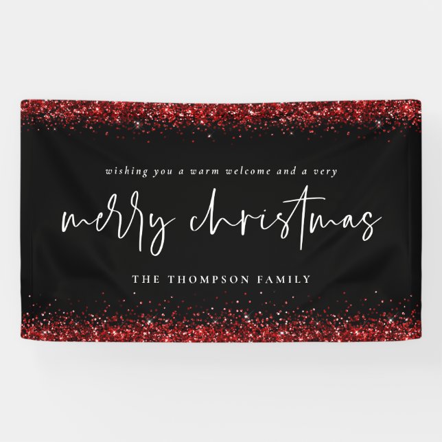 Roter Glitzer Frohe Weihnachtsnamen Schwarz Banner (Horizontal)
