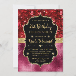 Roter Glitzer Herz und Rosa Foil 21. Geburtstag Einladung