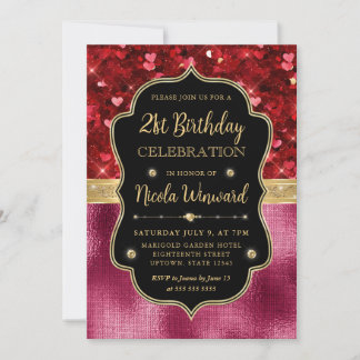 Roter Glitzer Herz und Rosa Foil 21. Geburtstag Einladung