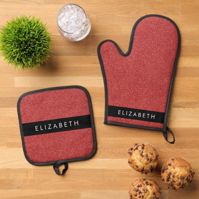 Roter Glitzer, Hintergrund des Glitzer, Ihr Name Ofenhandschuh & Topflappen-Set (Oben Unten)