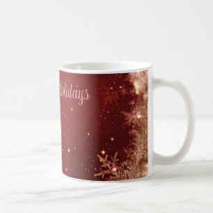 Roter Glitzer Hintergrund mit Schneeflocken Kaffeetasse