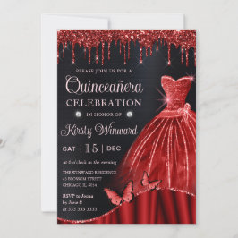 Roter Glitzer in Aquarellfarbe Kleid Quinceanera Einladung