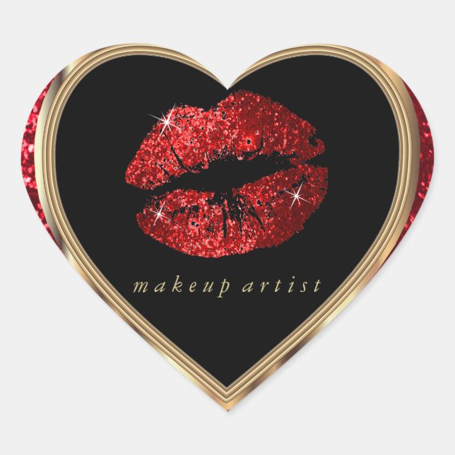 Roter Glitzer Liebe Lippen und Gold Schriftart Herz-Aufkleber (Vorderseite)