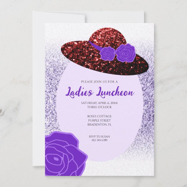 Roter Glitzer, lila Lavendel Ladys Luncheon Einladung (Vorderseite)