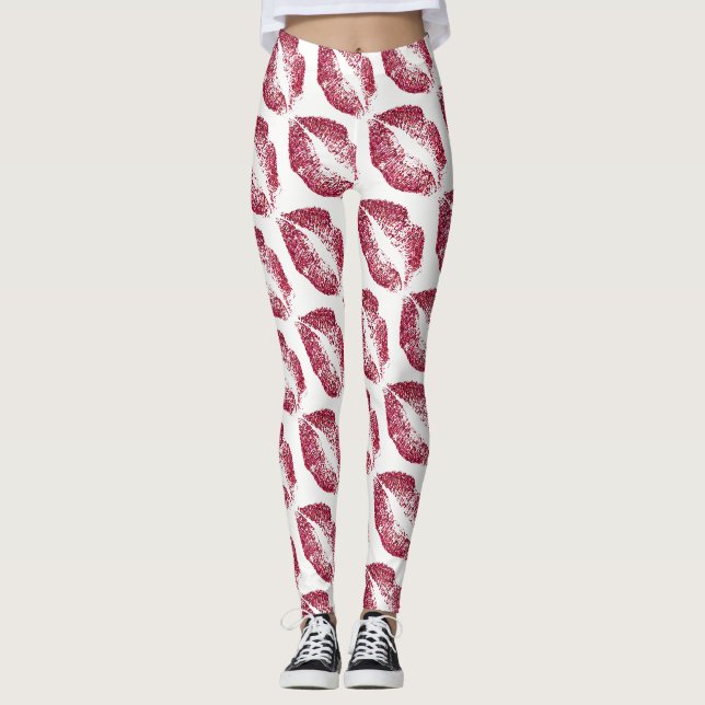 Roter Glitzer Lippen Modernes Weiß Leggings (Vorderseite)