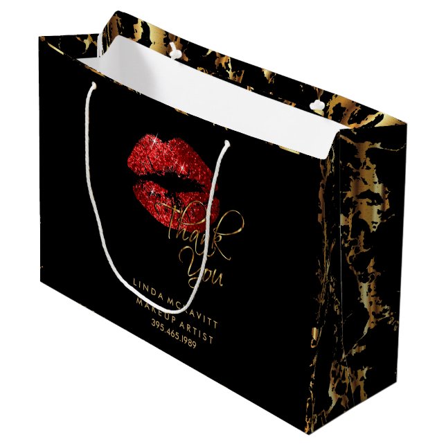 Roter Glitzer Lipstick und Goldmarmor - Vielen Dan Große Geschenktüte (Vorderseite Schrägansicht)