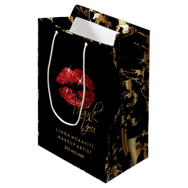 Roter Glitzer Lipstick und Goldmarmor - Vielen Dan Mittlere Geschenktüte (Vorderseite Schrägansicht)