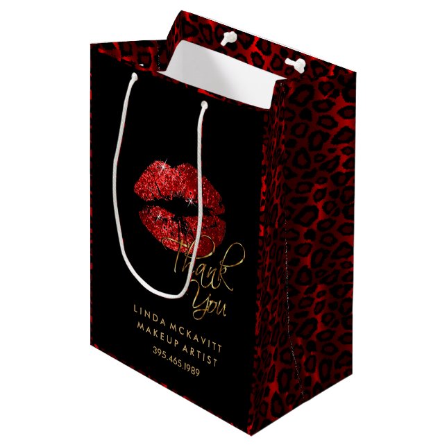 Roter Glitzer Lipstick und Leopard - Vielen Dank Mittlere Geschenktüte (Vorderseite Schrägansicht)