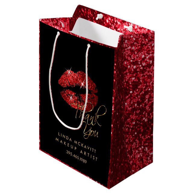 Roter Glitzer Lipstick und Rote Textur - Vielen Da Mittlere Geschenktüte (Vorderseite Schrägansicht)