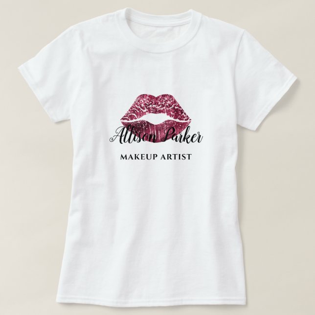 Roter Glitzer Logo Kiss MAKEUP KÜNSTLER Name T-Shirt (Design vorne)