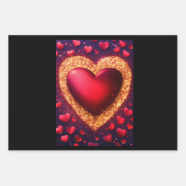 Roter Glitzer mit Herzen Geschenkpapier Set