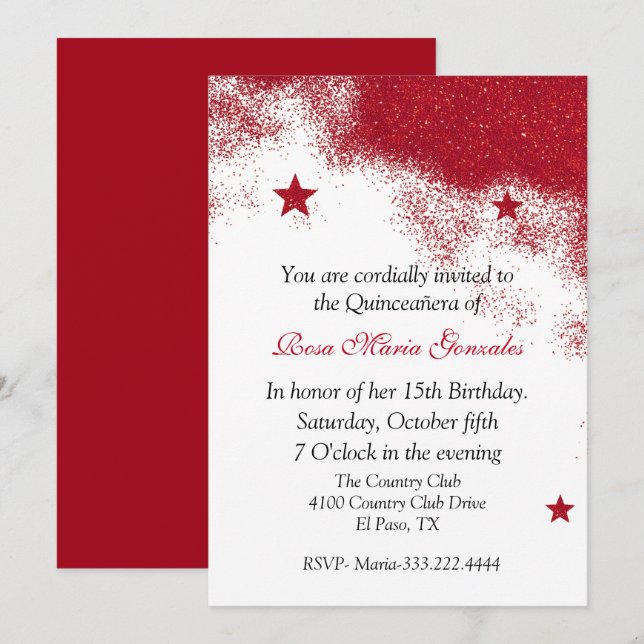 Roter Glitzer Quinceañera Einladung (Vorne/Hinten)