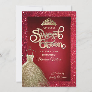 Roter Glitzer schmückendes Kleid tiara Gold typogr Einladung