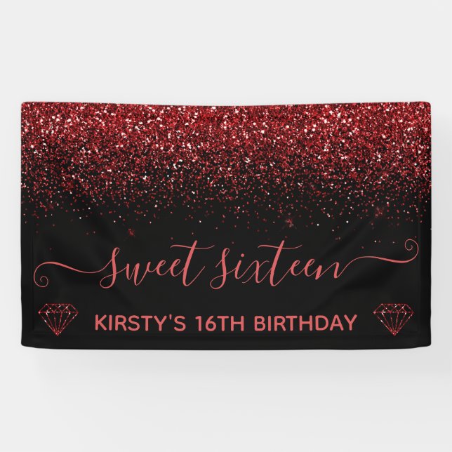 Roter Glitzer, Schwarz und Imitat Süß 16 Banner (Horizontal)