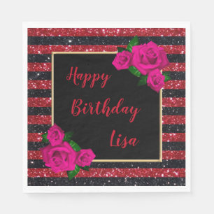Roter Glitzer Streifen Rosa Rosen Geburtstag Serviette
