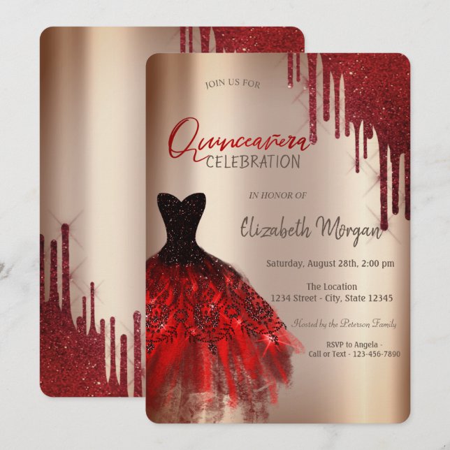 Roter Glitzer Tropfen Dress Quinceañera Einladung (Vorne/Hinten)