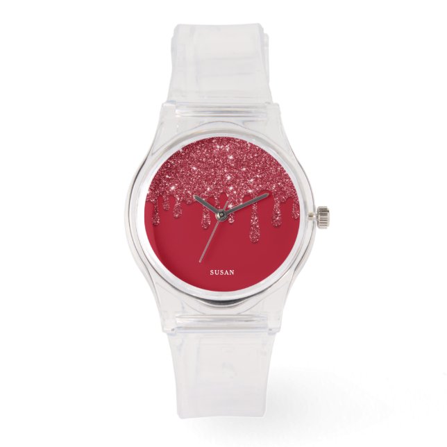 Roter Glitzer Tropfen Individuelle Name Frauen kla Armbanduhr (Vorderseite)