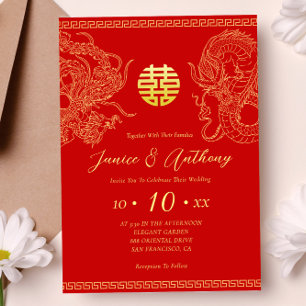 Roter Gold-Drache-Phoenix-chinesische Hochzeit  Einladung