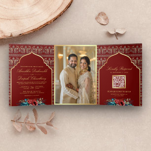 Roter Gold-Pfau-Muster Blumen Indische Hochzeit Dreifach Gefaltete Einladung