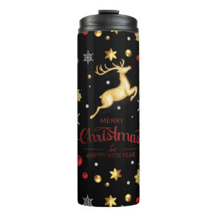 Roter Gold-Rentier-Frohe-Weihnachten-Baum Thermosbecher