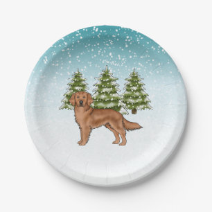 Roter Golden Retriever Hund Blau Winter Weihnachte Pappteller