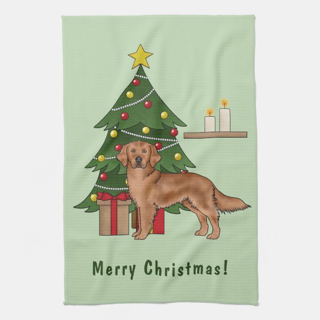 Roter Golden Retriever Hund mit Weihnachtsbaum Geschirrtuch (Vertikal)