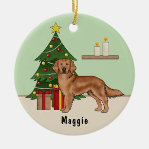 Roter Golden Retriever Hund mit Weihnachtsbaum Grü Keramik Ornament