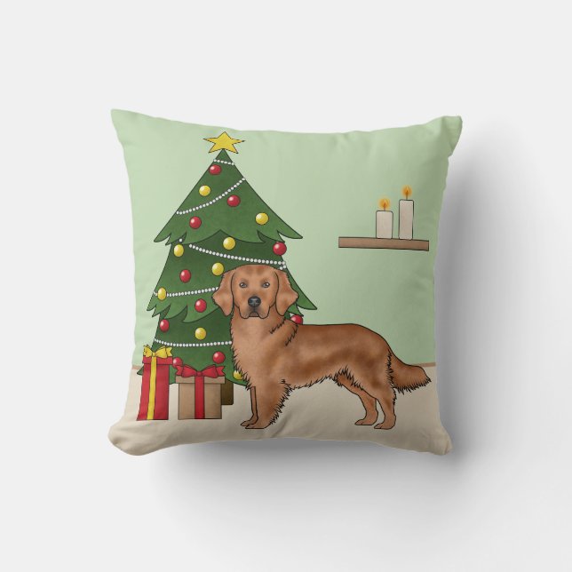 Roter Golden Retriever Hund mit Weihnachtsbaum Kissen (Vorderseite)