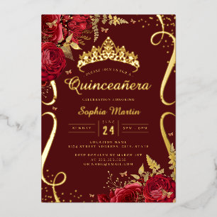 Roter Goldener Floraler Eleganter Scroll Quinceane Folieneinladung