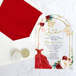 Roter Goldener Floraler Schmetterling Quinceañera Acryleinladungen