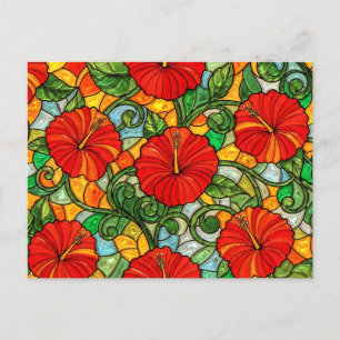 Roter Goldener Orangen Hibiskus Falsches Buntglas Postkarte