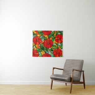 Roter Goldener Orangen Hibiskus Falsches Buntglas Wandteppich