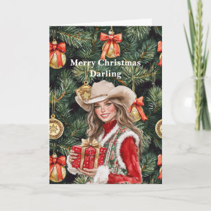 Roter Goldener Western-Cowgirl-Weihnachten Karte