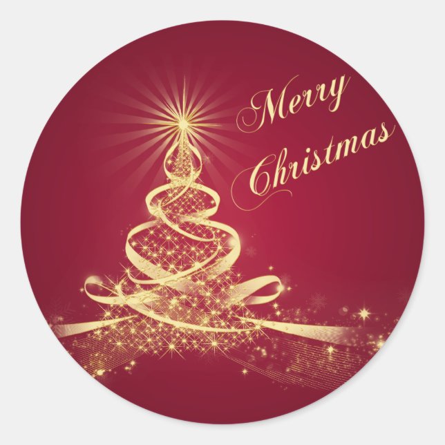 Roter, goldgelber Baum Frohe Weihnachtsaufkleber Runder Aufkleber (Vorderseite)