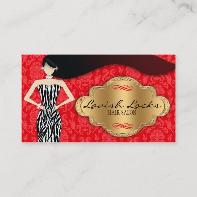 Roter Goldzebra-Damast-Haar-Stylist-Salon Visitenkarte (Vorderseite)