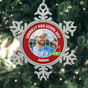Roter Golfer Foto High School Golfteam Schneeflocken Zinn-Ornament