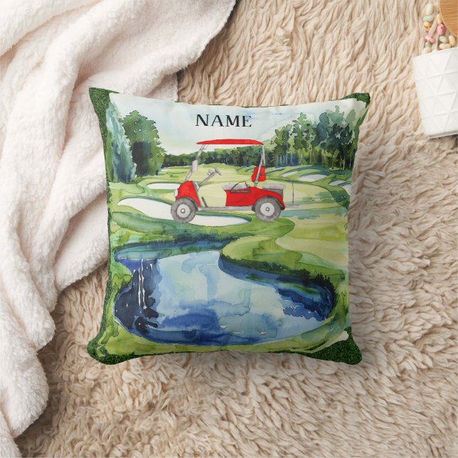 Roter Golfwagen auf Golfplatz Aquarell Kissen (Decke)
