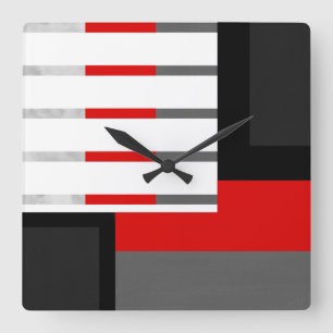 Roter grauer gestreifter Schwarzweiss-Block Quadratische Wanduhr