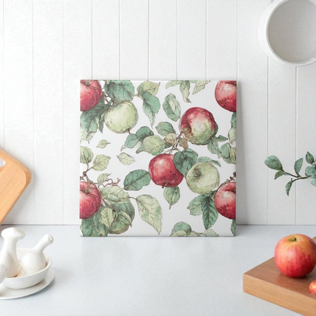 Roter grüner Apfel Frucht Muster Aquarell Rustikal Fliese (Red Green Apple Fruit Pattern Watercolor Rustic Ceramic Tile)