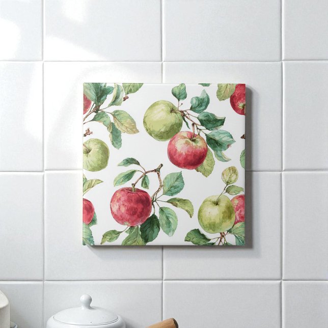 Roter Grüner Apfel Frucht Muster Aquarell Rustikal Fliese (Red Green Apple Fruit Pattern Watercolor Rustic Ceramic Tile)