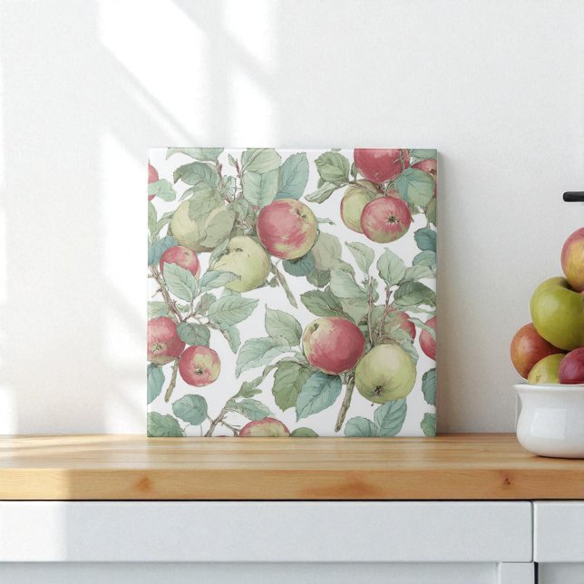 Roter grüner Apfel Frucht Muster Aquarell Rustikal Fliese (Red Green Apple Fruit Pattern Watercolor Rustic Ceramic Tile)