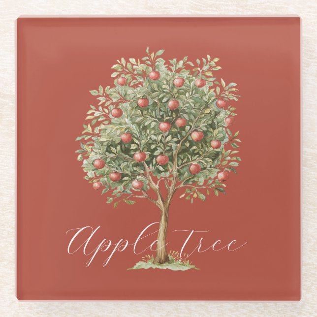 Roter Grüner Apfelbaum Glasuntersetzer (Vorderseite)