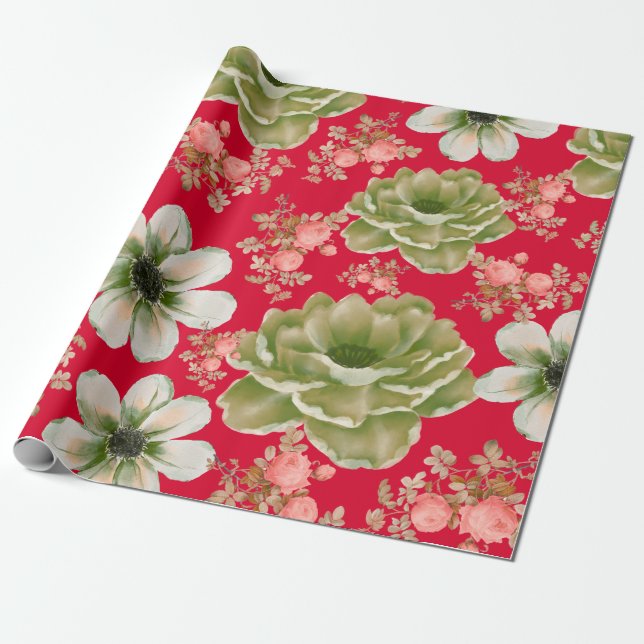 Roter grüner Aquarell-Blumenflor Geschenkpapier (Ungerollt)