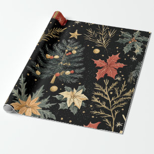 Roter grüner Holly Weihnachts-Holzkohle-Muster Geschenkpapier