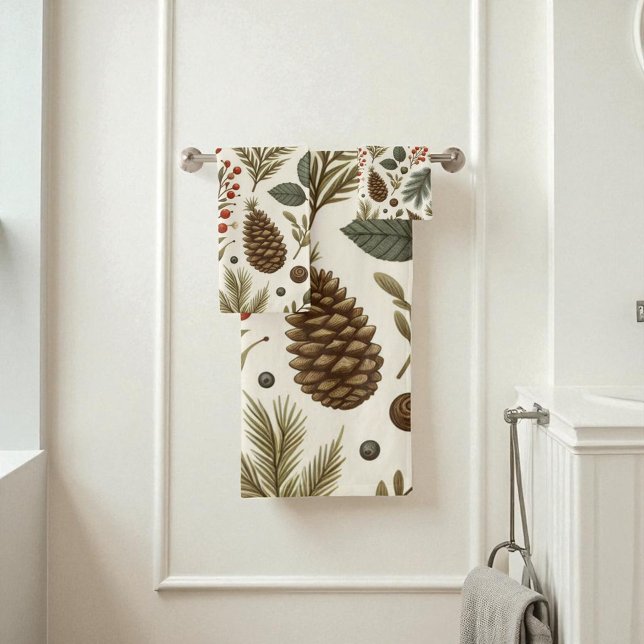Roter grüner Pine und Berry Holiday Rustikale bota Badhandtuch Set (Von Creator hochgeladen)